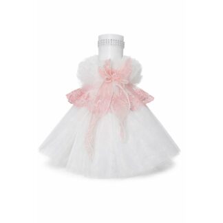 lumanare botez ornata cu dantela si fundita roz pudra