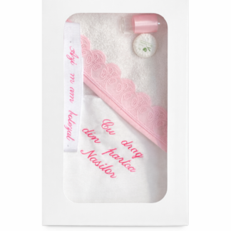 trusou botez cu panza brodata cu mesaj "cu drag din partea nasilor", culoare roz