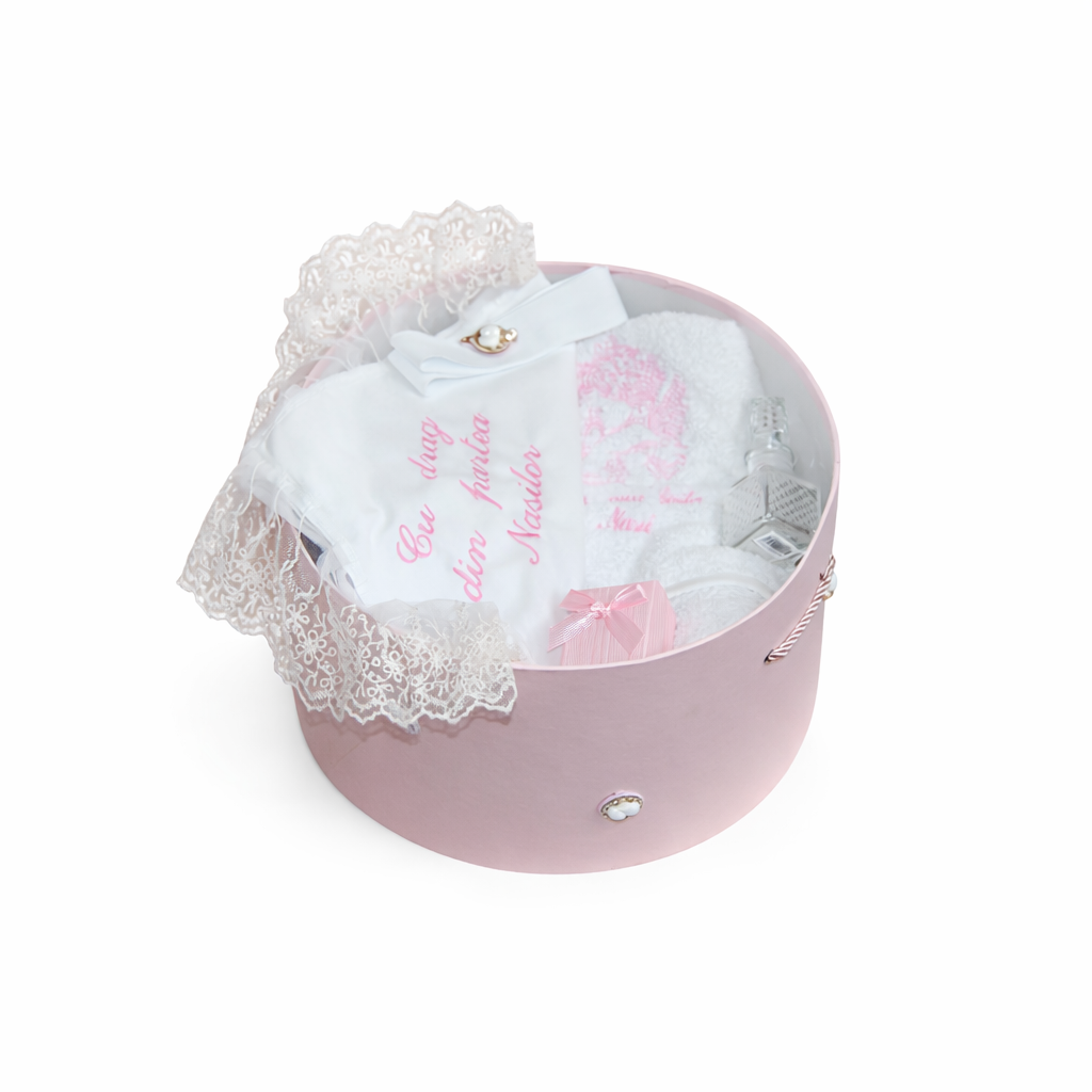 trusou botez+set baita in cutie rotunda roz