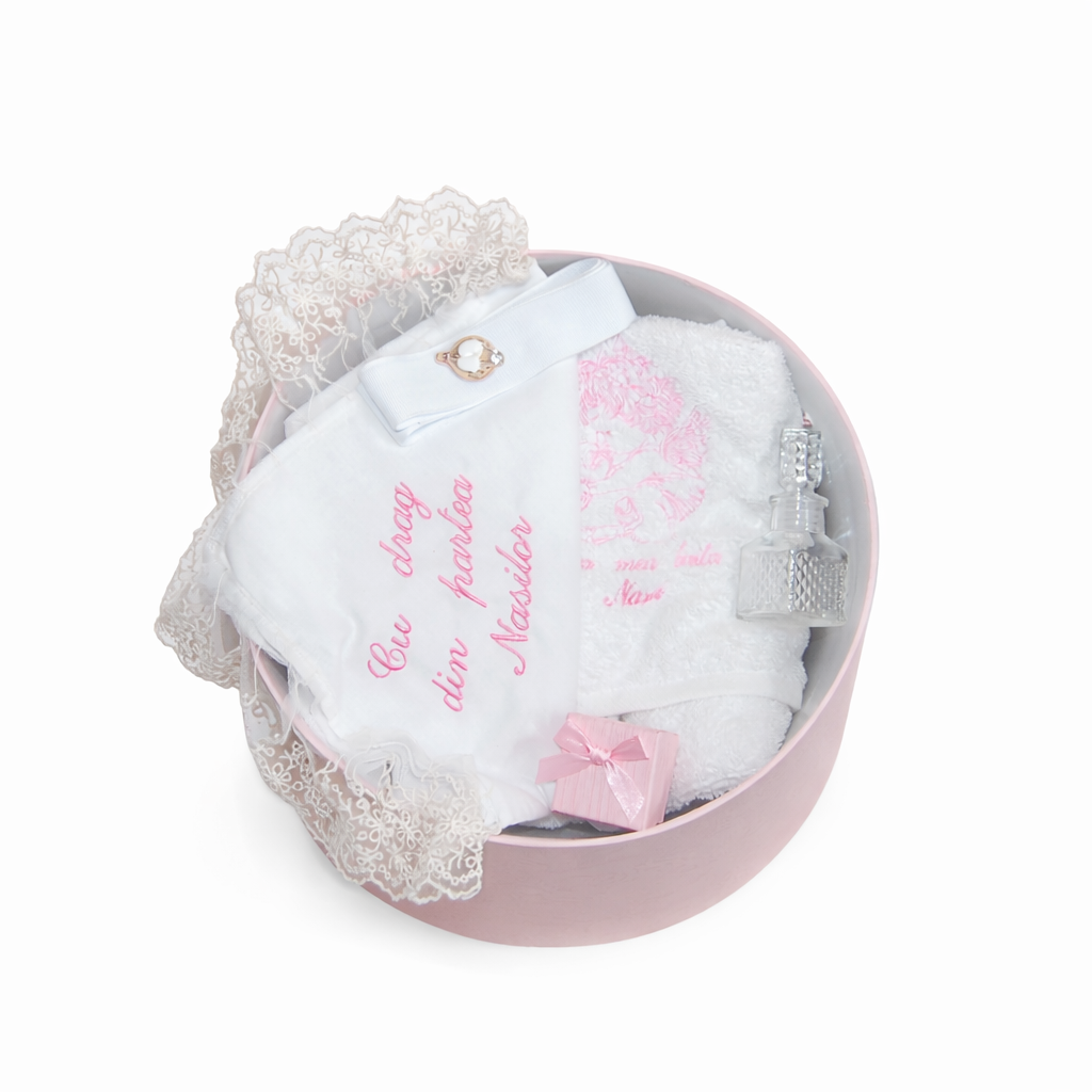 trusou botez+set baita in cutie rotunda roz