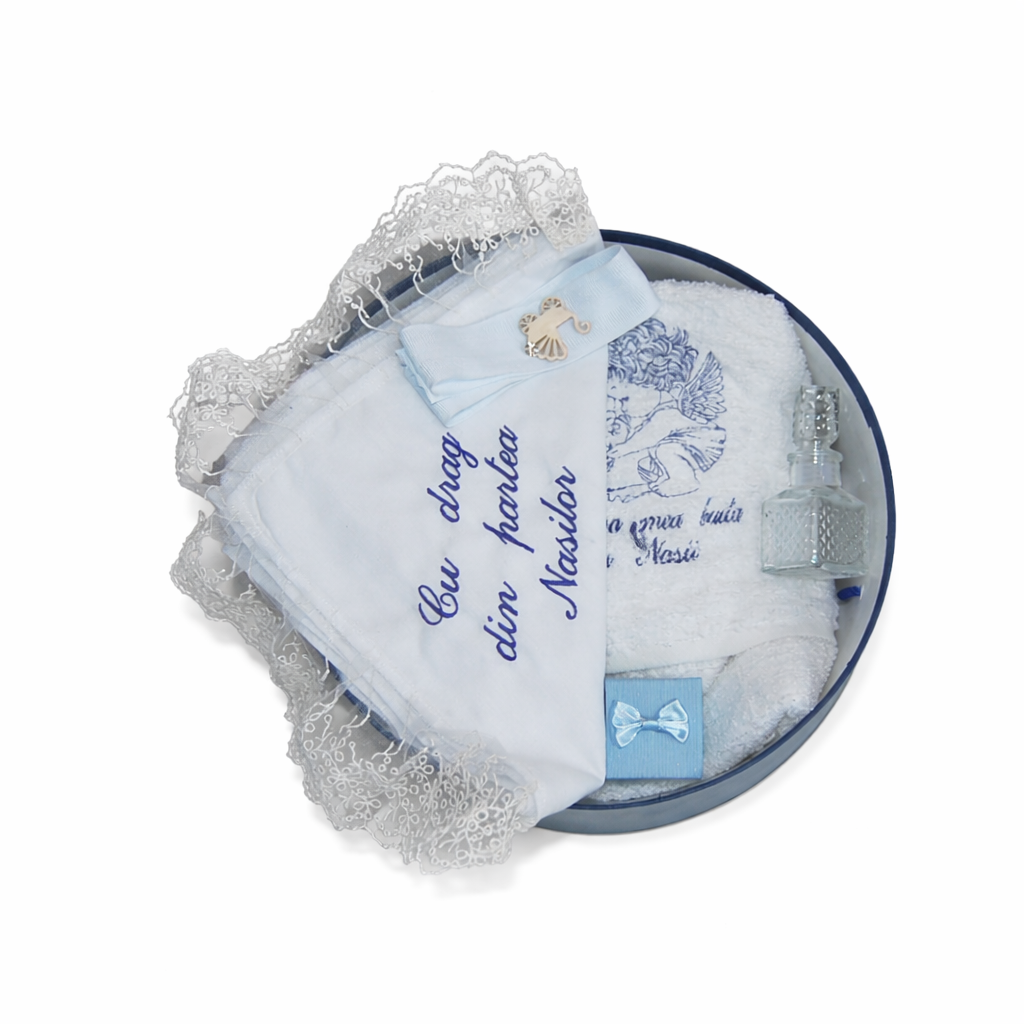 trusou botez+set baita in cutie rotunda bleumarin
