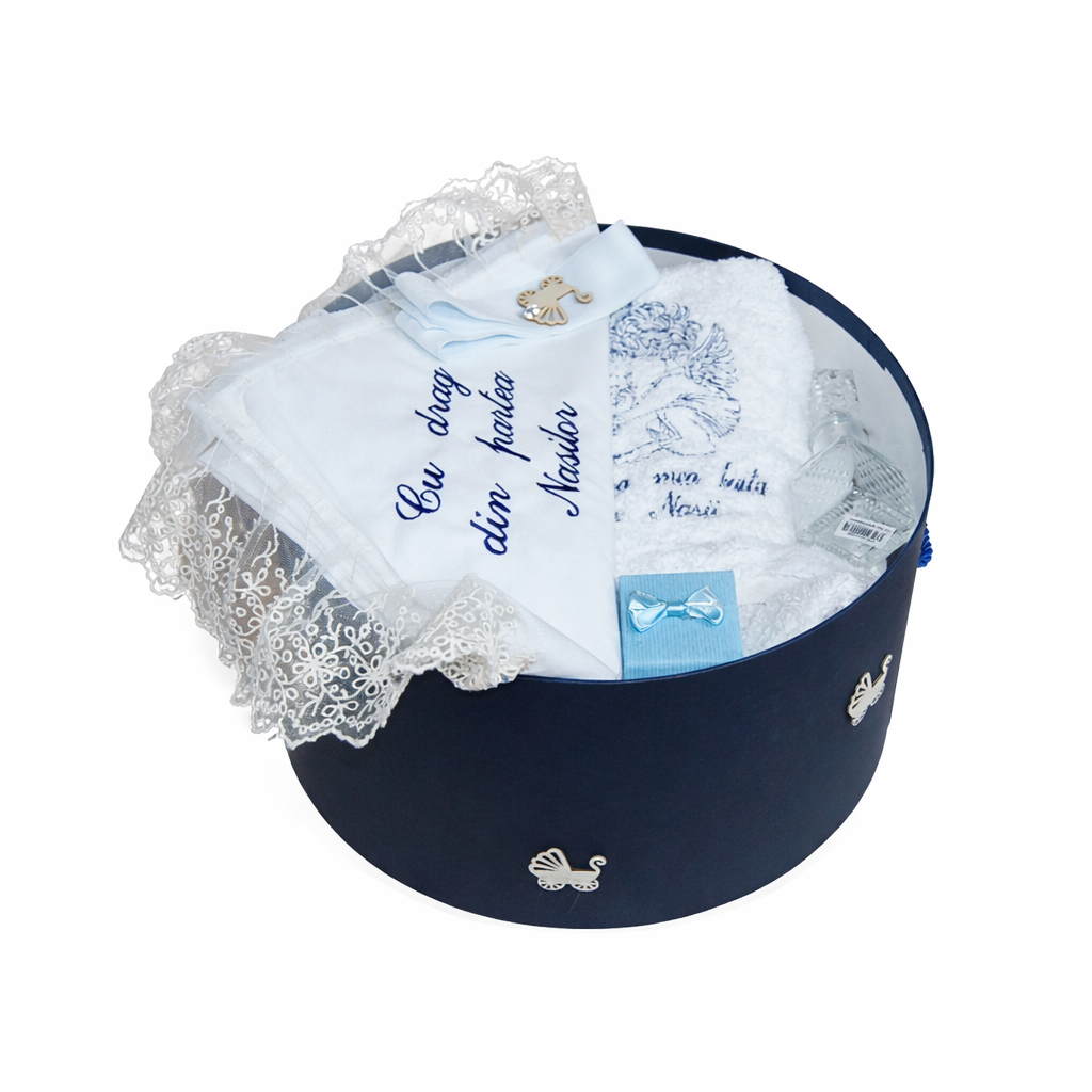 trusou botez+set baita in cutie rotunda bleumarin