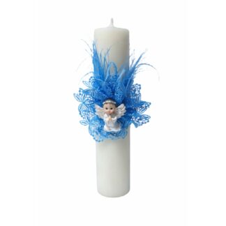 lumanare botez cu dantela bleu si ingeras