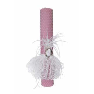 lumanare roz pudra cu ornament dantela
