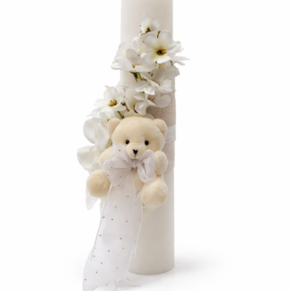 lumanare botez ornata cu flori si ursulet