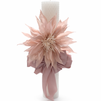 umanare pentru botez ornata cu floare si funda reoz pudra