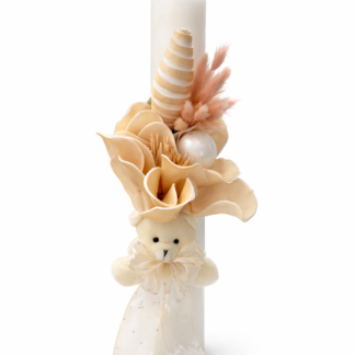 lumanare cu floare de magnolie si funda verde deschis