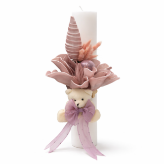 lumanare cu floare de magnolie si funda roz pudra