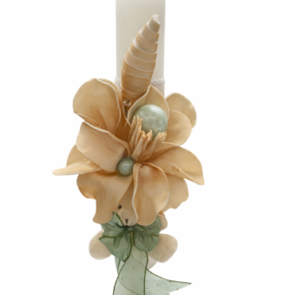 lumanare cu floare de magnolie si funda verde deschis, model dany kids fashion