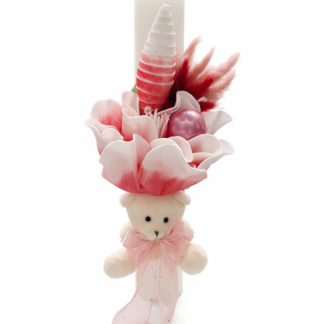 lumanare cu floare de magnolie si funda roz deschis