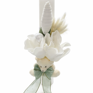 lumanare cu floare de magnolie alba si funda verde deschis